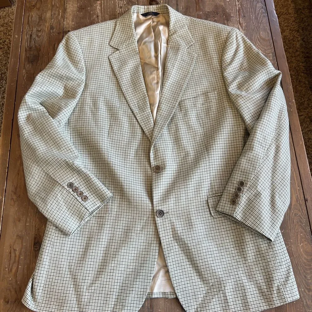 Brooks Brothers 346 Blazer Mens Size 42R Silk Linen Wool Sport Coat Tan Plaid